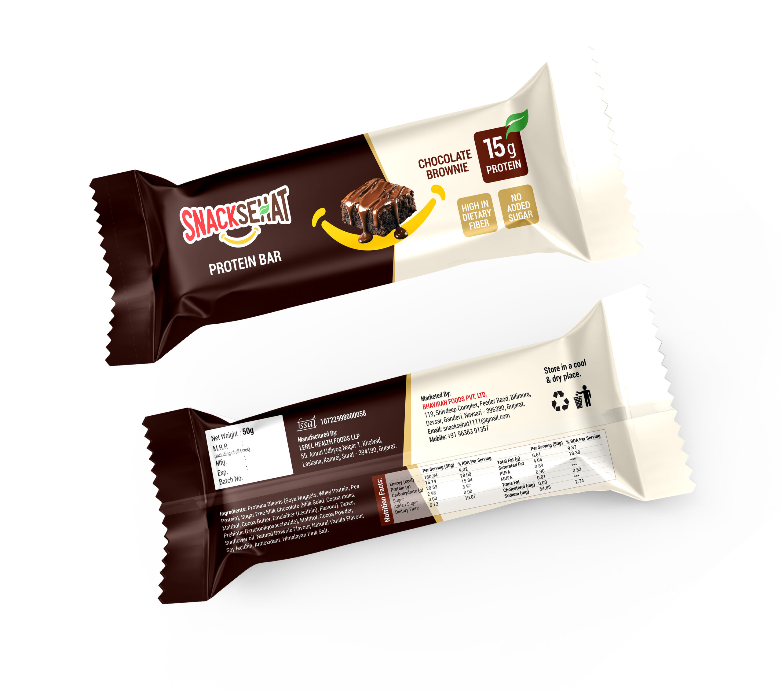 SnackSehat - Packaging - Wrapper - Protein Bar - Chocolate Brownie - Final - Mockup - Front-Back Chocolate Brownie Protein Bar
