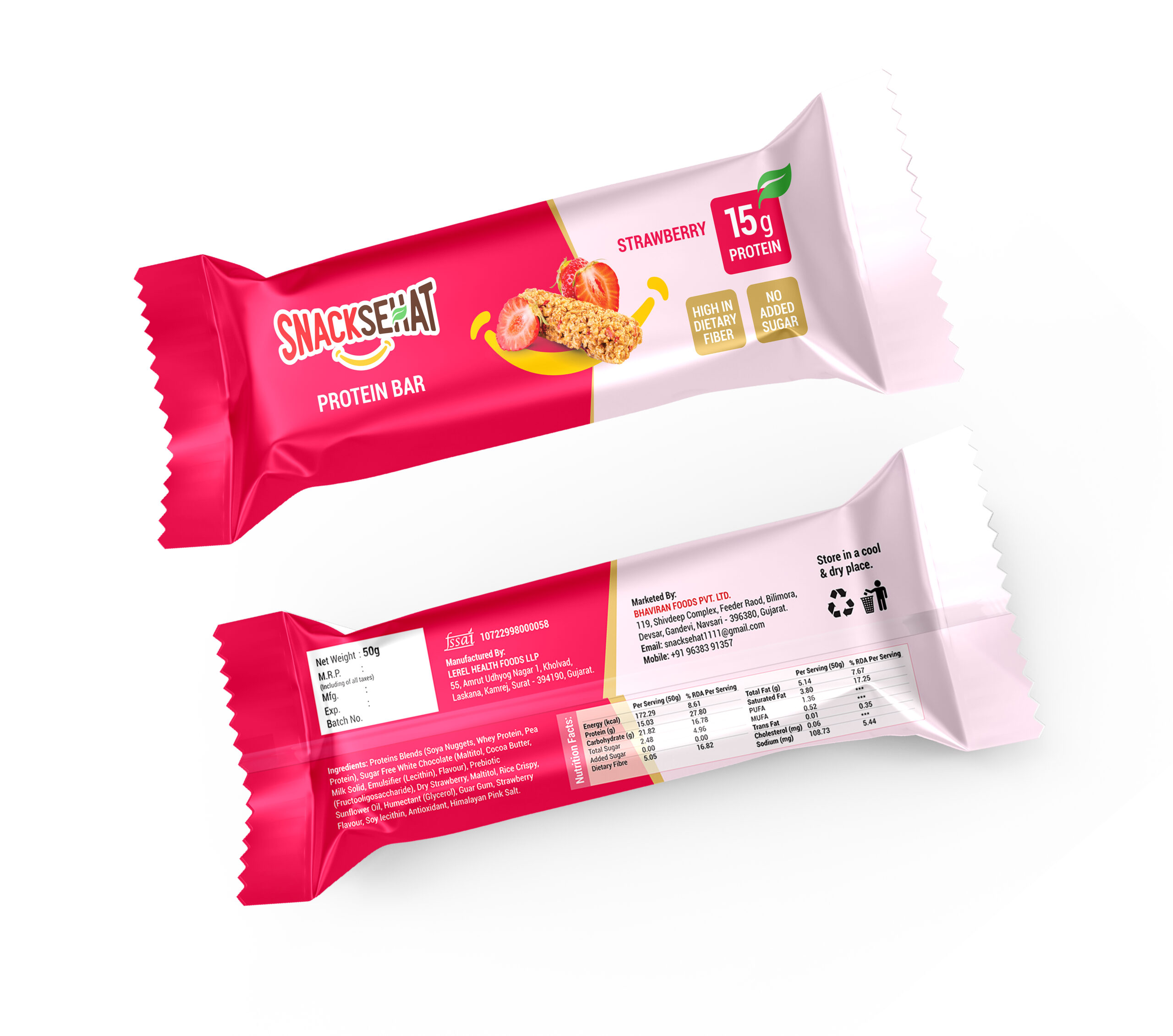 SnackSehat - Packaging - Wrapper - Protein Bar - Strawberry - Final - Mockup - Front-Back Strawberry Protein Bar